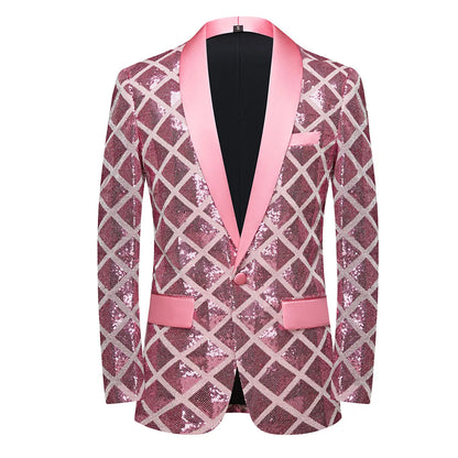 Fashion Men's Wedding Banquet Prom Evening Party Suit Jacket Pink Red Sequins Single Button Slim Tuxedo Blazers for Singer Host