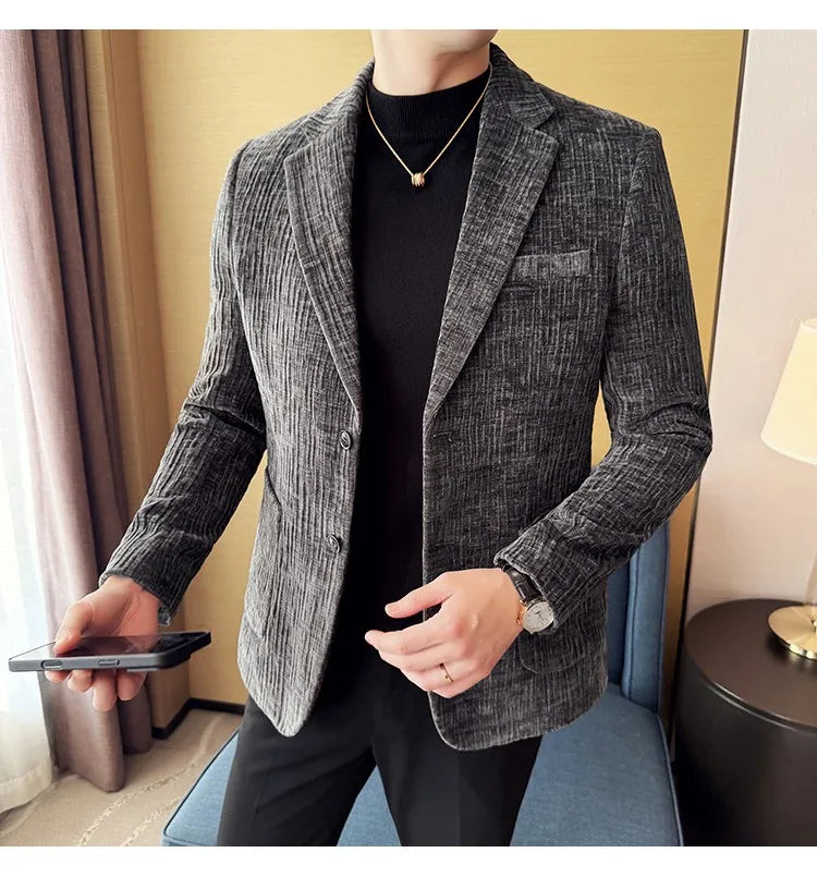 2025 Winter Chenier Thick Suit Jacket for Men Korean Slim Fit Casual Business Men Blazers Wedding Groom Office Social Dress Coat
