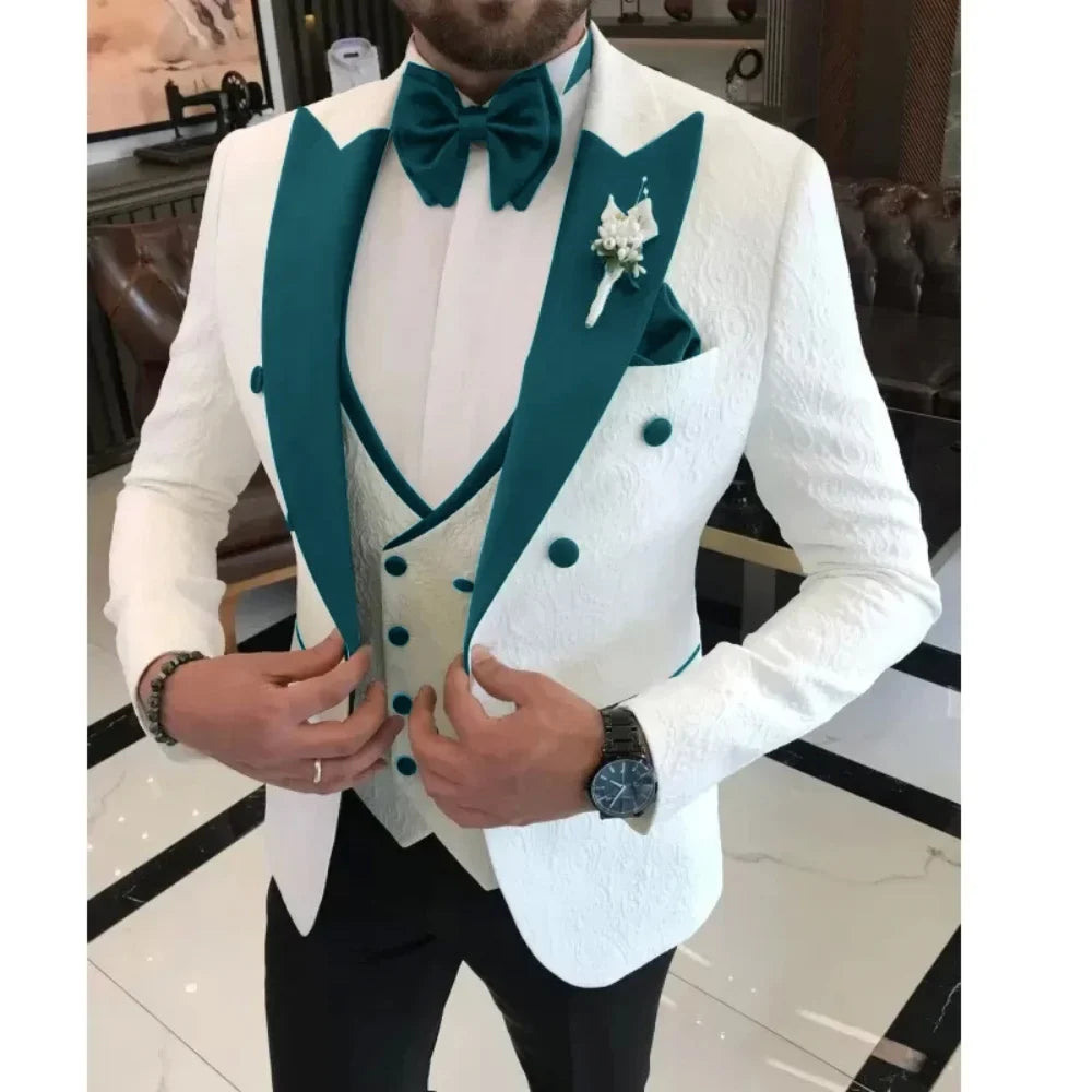 Men's Floral Wedding Tuxedo 3-Piece Set Double Breasted Jacket with Vest Peak Lapel Groom's Fashion Suit Male Wedding Attire