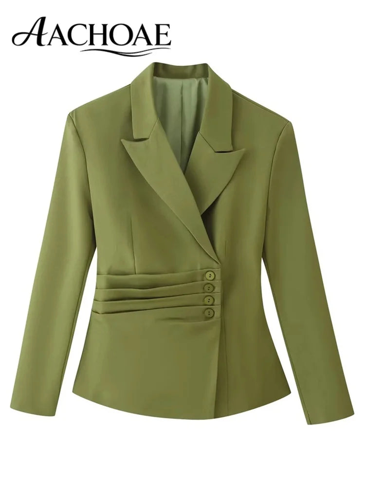 Women's Belted Waist Blazer Jacket Double Button Slim Suit Coat Long Sleeve Elegant Office Chic Minimalist Jacket