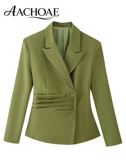 Women's Belted Waist Blazer Jacket Double Button Slim Suit Coat Long Sleeve Elegant Office Chic Minimalist Jacket