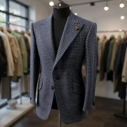 Formal Men's Jacket Houndstooth Woolen Brown Blazer with Peak Lapel Casual Wedding Business Party Coat Autumn Winter Customized