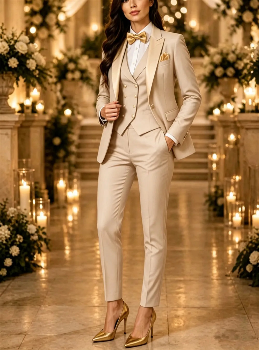 New Women's Suits 3 Pcs Golden Lapel Elegant Wedding Outfits Set Business & Party Wear Outfits (Blazer+Vest+Pants) Tailor Made