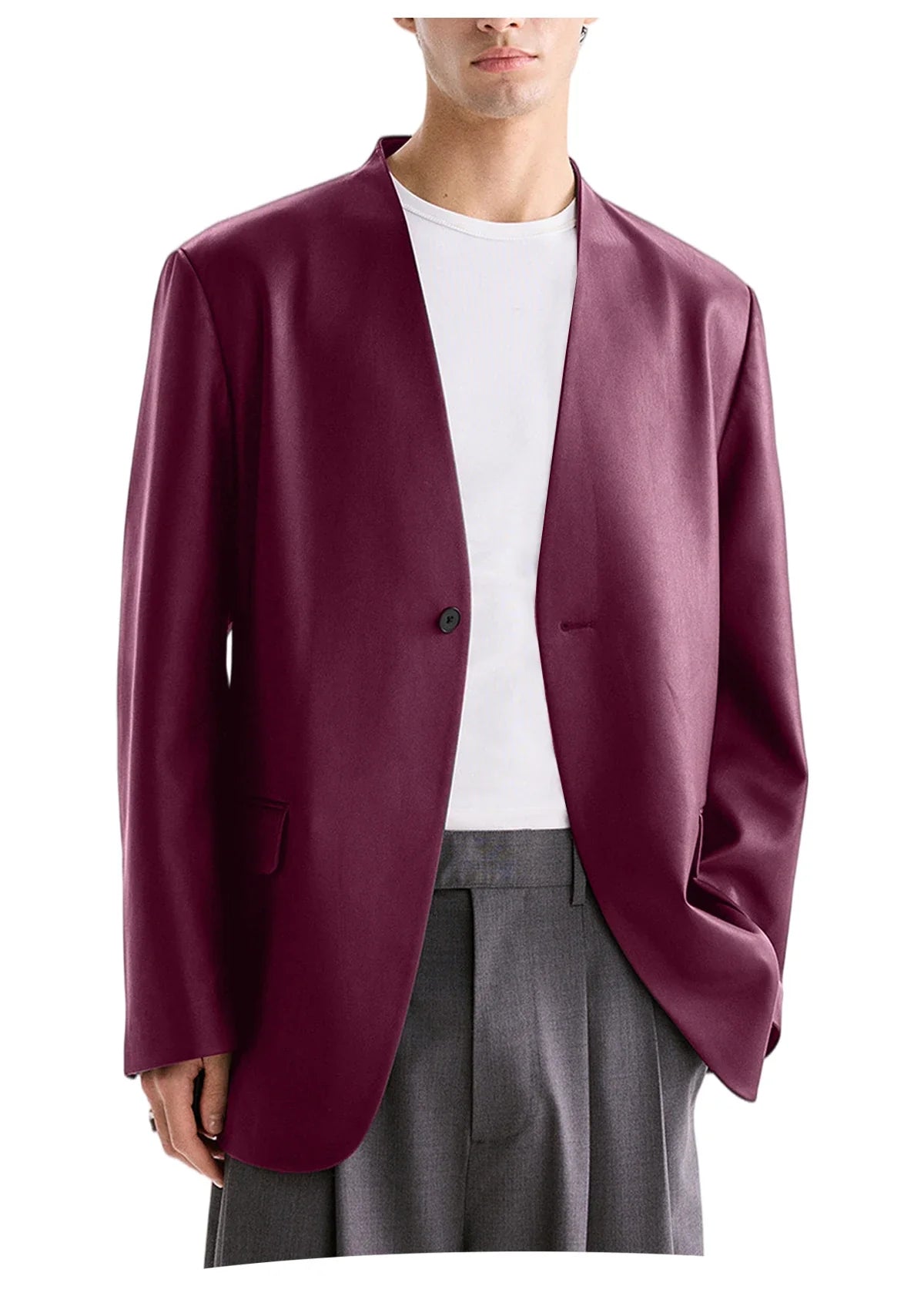 Men's PU Leather Collarless Blazer Single Button Loose Fit Jacket for Wedding Party Office