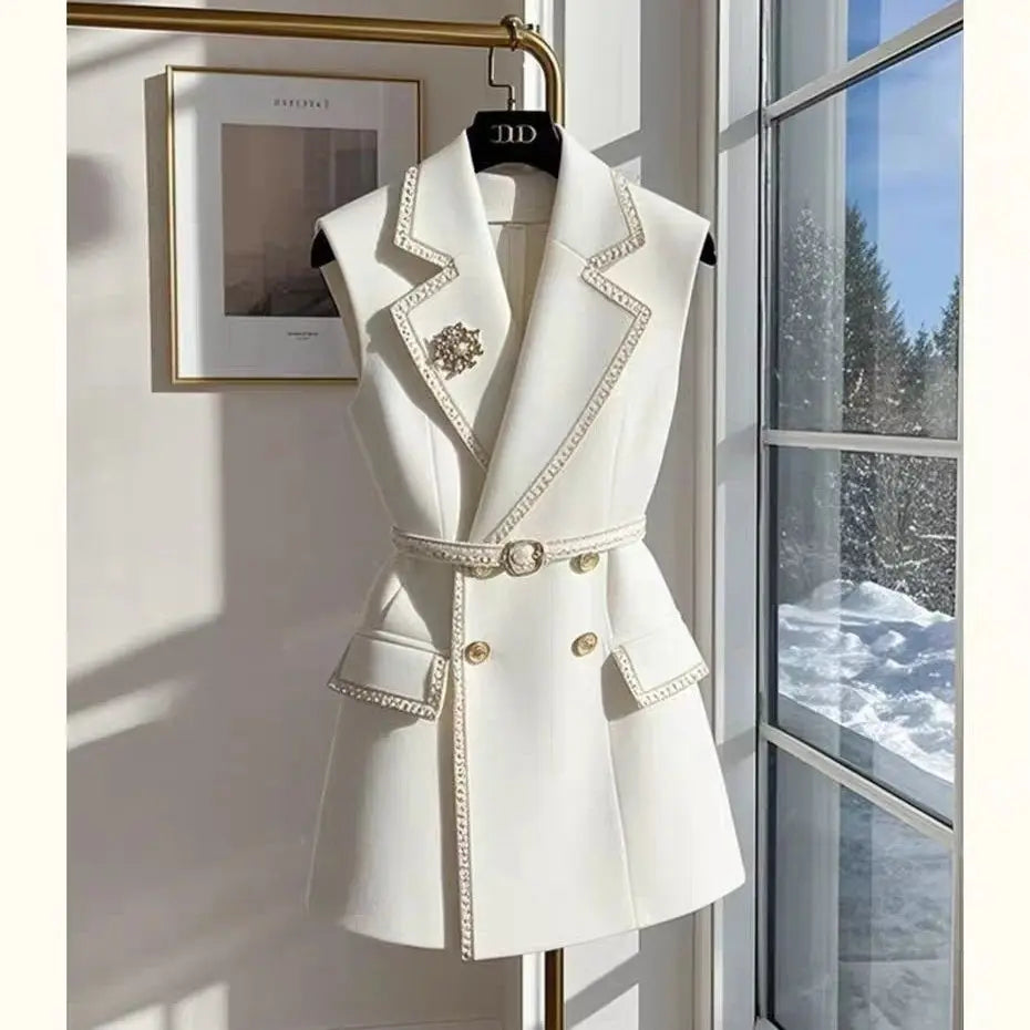 White Sleeveless Jacket with Belt Summer Cotton Suit Vest British Notched Double-breasted Office Lady Formal Elegant Waistcoat