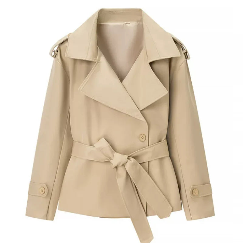 Solid Lapel Lace Up Jacket Elegant Chic Full Sleeve Button Loose Long Coat Women Office Lady Daily Commute Overcoat Windbreaker