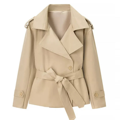Solid Lapel Lace Up Jacket Elegant Chic Full Sleeve Button Loose Long Coat Women Office Lady Daily Commute Overcoat Windbreaker