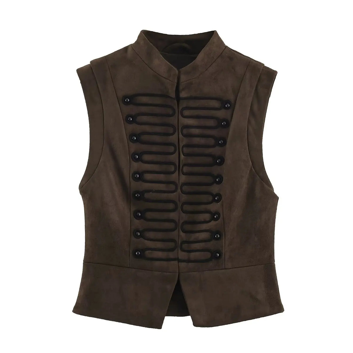 2026 Autumn Women's Fashion Suede Texture Short Vest Stand Up Collar Sleeveless Knot Button Retro Casual Waistcoat Jacket