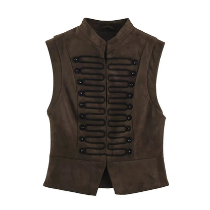 2026 Autumn Women's Fashion Suede Texture Short Vest Stand Up Collar Sleeveless Knot Button Retro Casual Waistcoat Jacket
