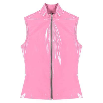 Adults Wet Look Sleeveless Waistcoat Women Fashion Zipper Vest Patent Leather Tops Vests Nightclub Clubwear Clubbing Costume
