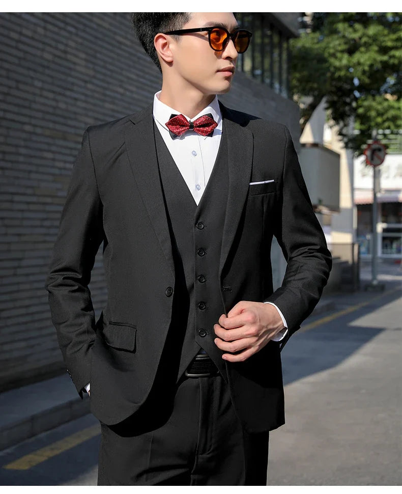 Men's Formal 3-Piece Suit Blazer Vest Trousers Single Breasted Solid Color Wedding Business Wear