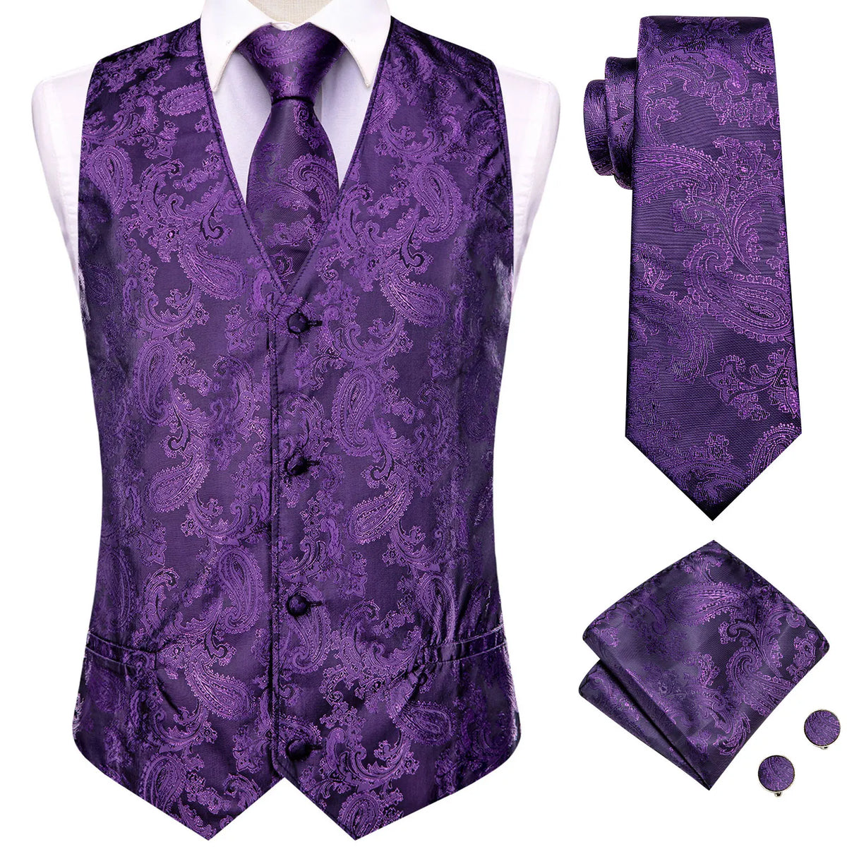 Men's Suit Vest 4-Piece Set | Woven Paisley Waistcoat with Tie, Pocket Square & Cufflinks | Wedding & Business Formal
