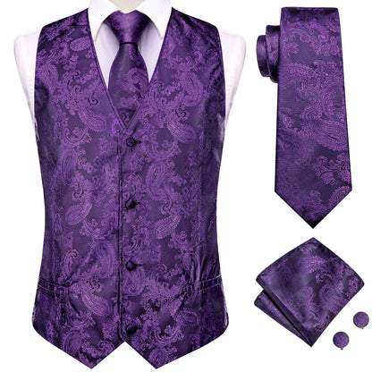 Men's Suit Vest 4-Piece Set | Woven Paisley Waistcoat with Tie, Pocket Square & Cufflinks | Wedding & Business Formal