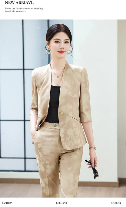 Fashion Office Ladies Blazer and Pants Suit Formal V Neck Half Sleeve Women Jacket Trouser Women Business Work Wear 2 Piece Set