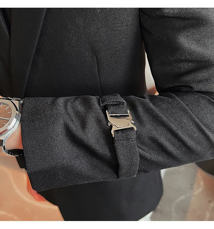 Men's Slim Fit Blazer Metal Buckle Decoration Smart Casual Wedding Party Jacket