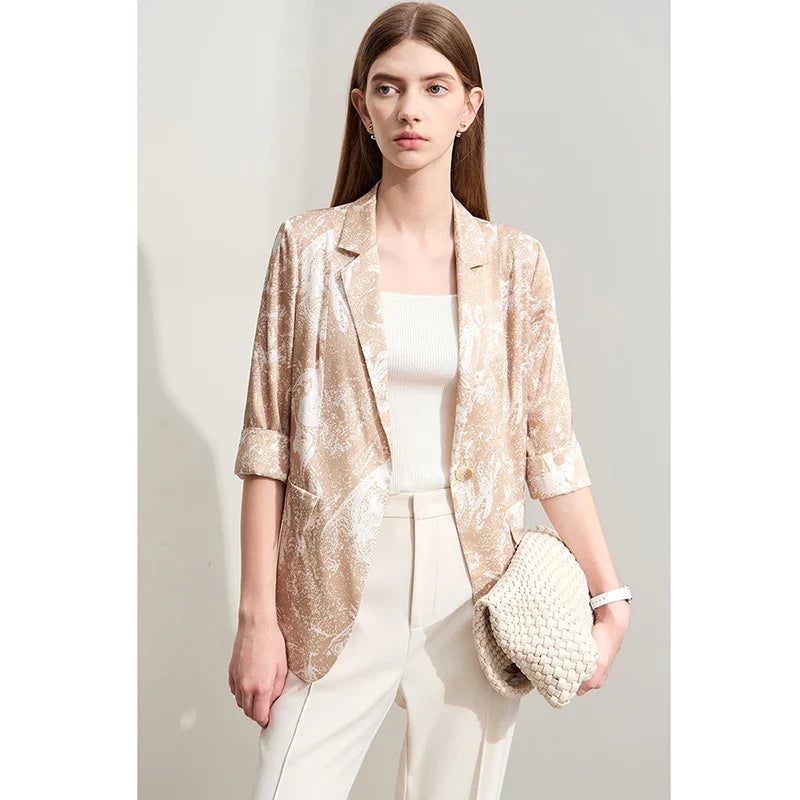 Minimalism Silk Blazers 2026 Summer Notched Printed Basic Fashion Jacket Three Quarter Women Office Lady Blouse 12452146