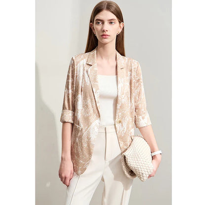 Minimalism Silk Blazers 2026 Summer Notched Printed Basic Fashion Jacket Three Quarter Women Office Lady Blouse 12452146