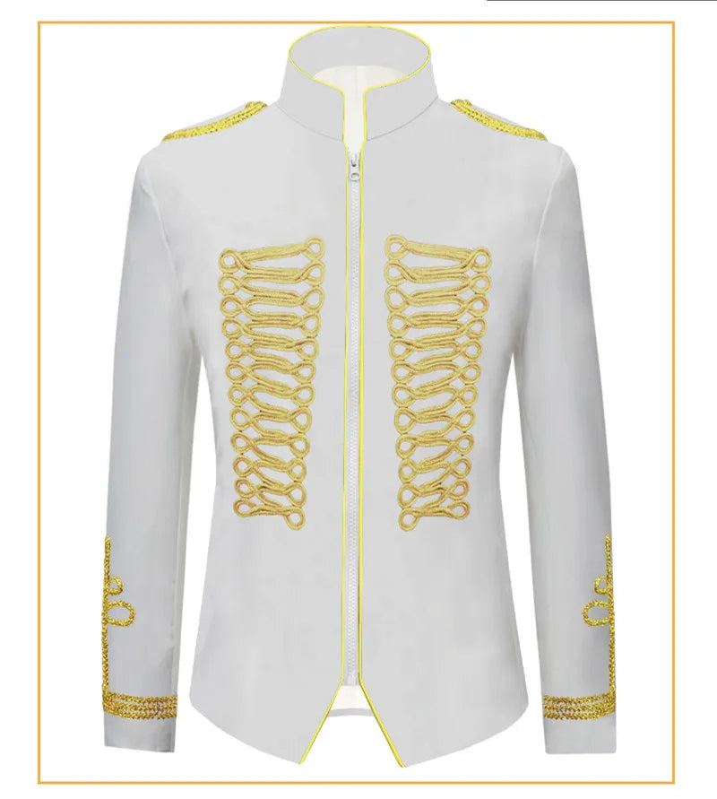 Men's European Style Stand Collar Zipper Blazer Golden Rope Detail Cosplay Middle Ages Tuxedo for Stage Performances And Parties