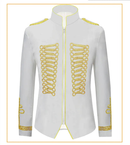 Men's European Style Stand Collar Zipper Blazer Golden Rope Detail Cosplay Middle Ages Tuxedo for Stage Performances And Parties