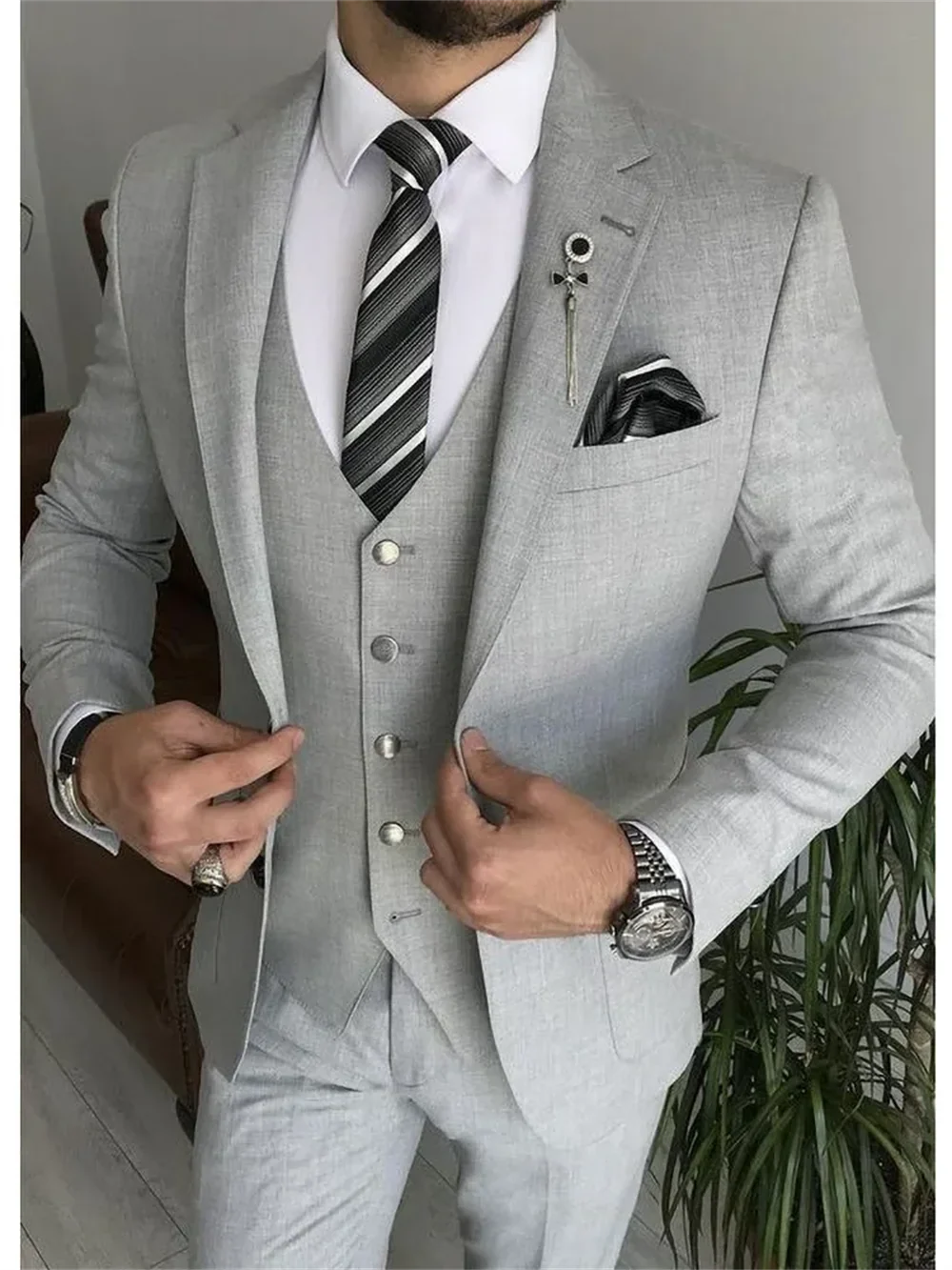 3 Piece Light Gray Notch Lapel Single Breasted Suits for Men Chic Formal Casual Business Wedding Tuxedo (Blazer+Vest+Pants)