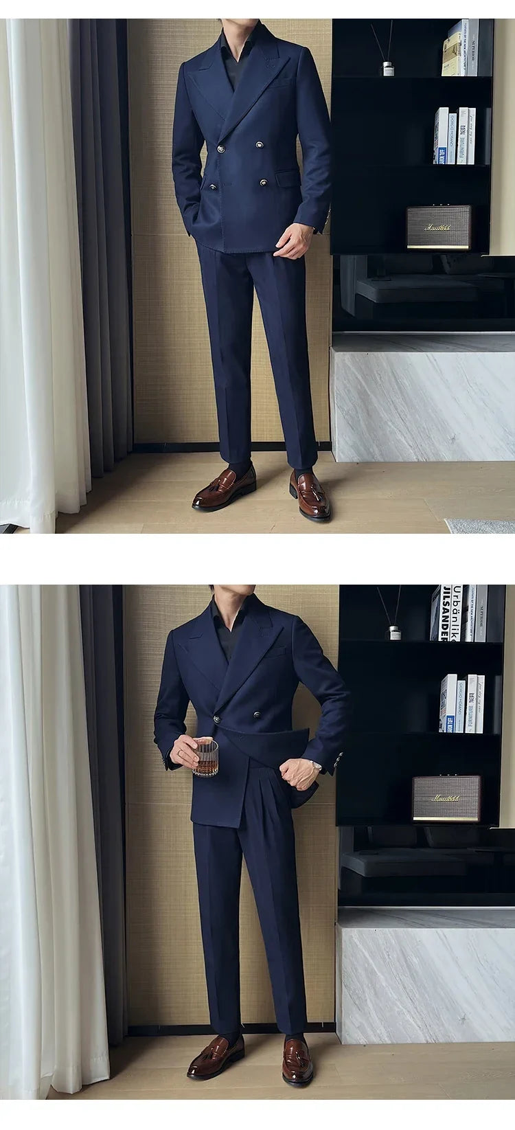 (Jackets+Pant)Fashion Double Breasted Design Men Suit Italian Style Luxury Elegant Business Social Wedding Dress Thick Suit 2Pcs