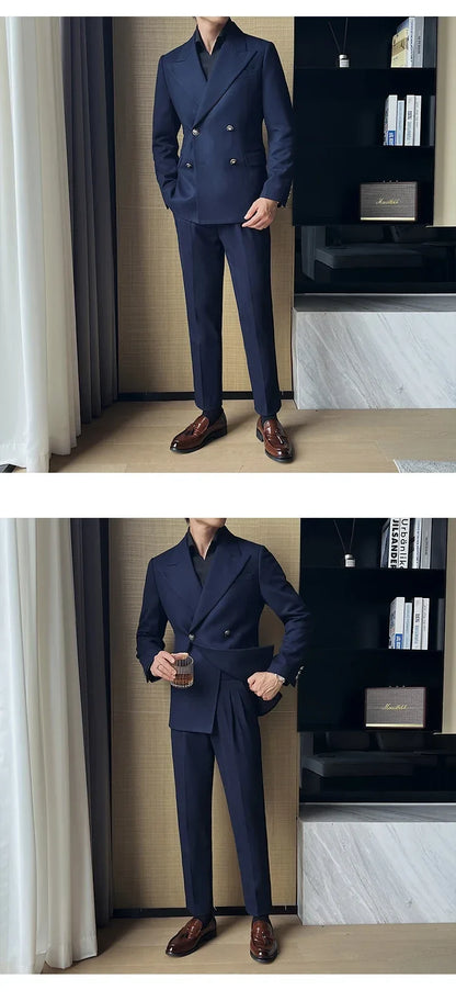 (Jackets+Pant)Fashion Double Breasted Design Men Suit Italian Style Luxury Elegant Business Social Wedding Dress Thick Suit 2Pcs