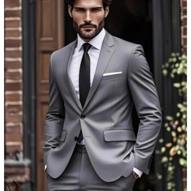 Gray Classic Men Suits 2 Pieces Tuxedo Peak Lapel Groomsmen Wedding Suits Set Fashion Men Business Blazer Jacket+Pant