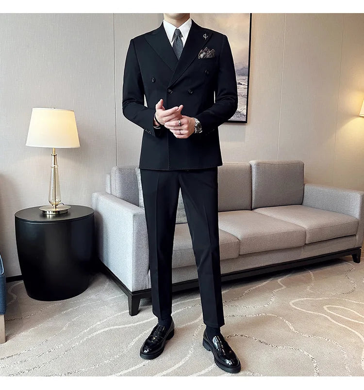 (Jackets +Pants ) Men's Suits 2 Piece High-Quality Double Breasted Lapel Solid Business Groom Wedding Tuxedo Banquet Clothing