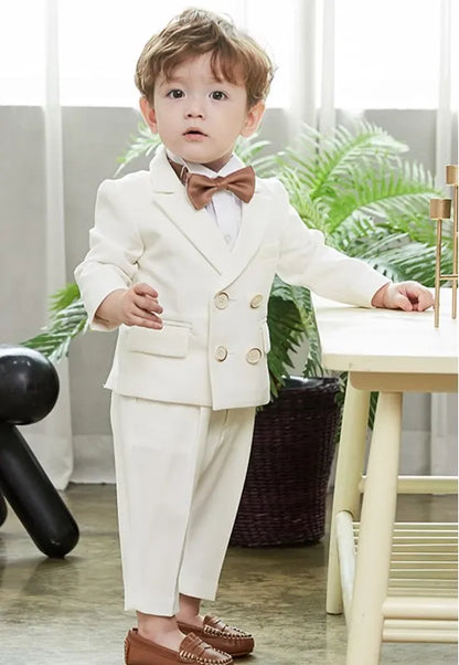 Gentleman Kids Summer White Photography Suit Children Jacket Pants Bowite 3PCS Performance Costume Baby Birthday Wedding Dress