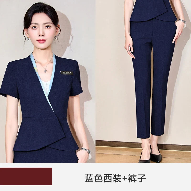 Fashionable professional women's clothing, high-quality short-sleeved suit jacket + pants set, slim and comfortable