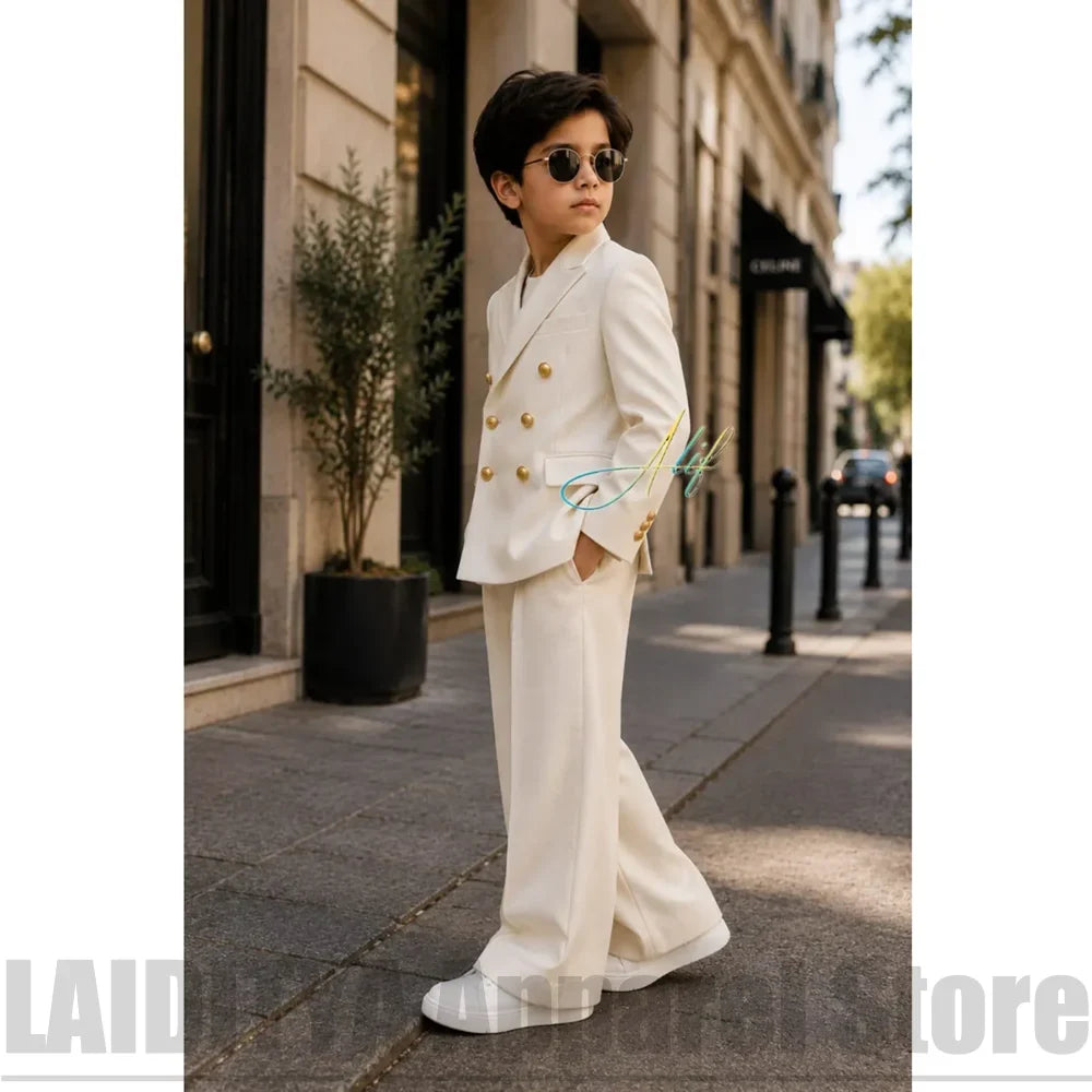 Fashion Boys Suit 2 Piece Double Breasted Blazer Wide Leg Pants Kids Wedding Formal Outfit Birthday Party Daily Casual Tuxedo