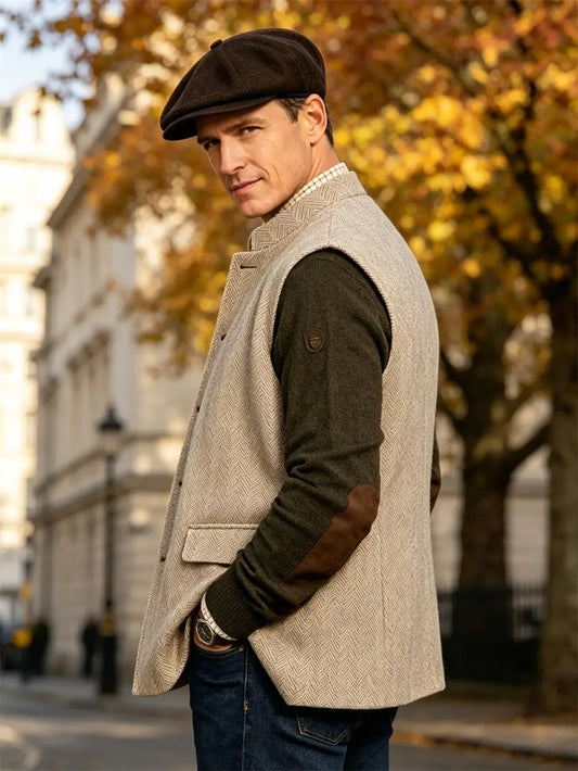 Men's Herringbone Tweed Vest – Sleeveless Wool Blend Waistcoat for Smart Casual & Business Wear