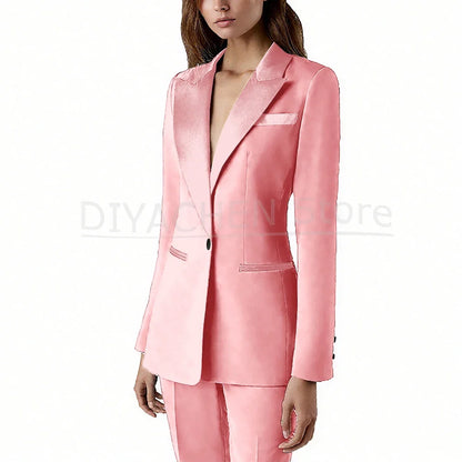 Pants Sets 2 Piece Fashion Satin Peak Lapel Single Button Solid Color Outfits Chic Casual Slim Daily Office Women's Suit