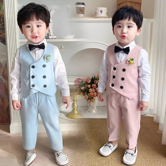 Boys' Korean Style Vest Set Flower Boys Wedding Suit  Baby 1Years Birthday Photography Dinner Party Suit