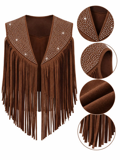 Women's Faux Suede Tassels Vest Waistcoat Western Cowgirl Hippie Costume Sleeveless Fringed Waistcoat for Halloween Party Outfit