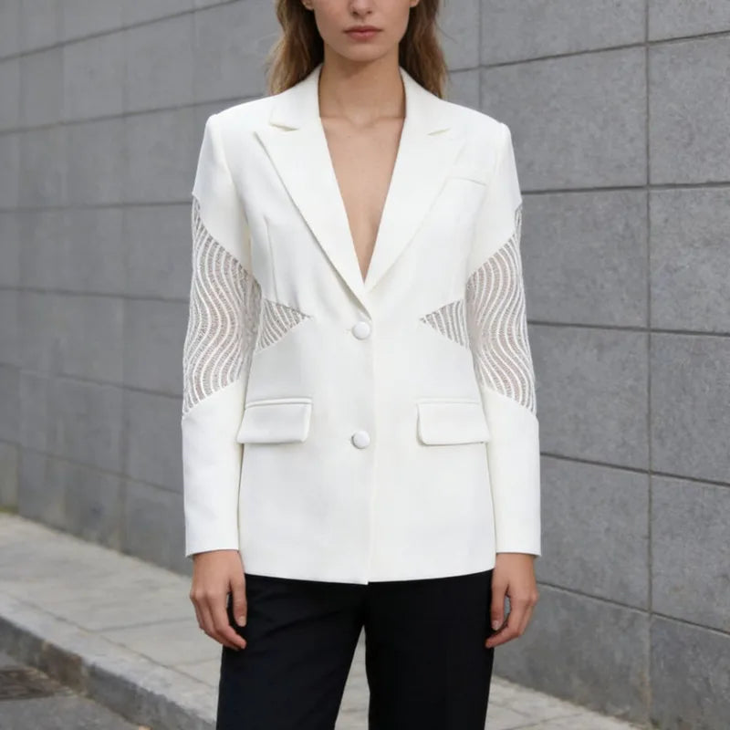 Spring Autumn New Women Blazer Hollow Out Sheer Lace Patchwork Single Breasted Long Sleeves Trend Elegant Sexy Coat HK18271