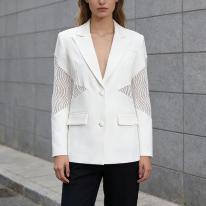 Spring Autumn New Women Blazer Hollow Out Sheer Lace Patchwork Single Breasted Long Sleeves Trend Elegant Sexy Coat HK18271