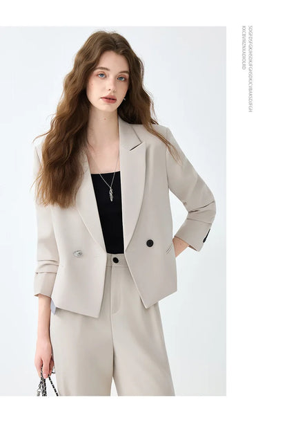 Solid Suits for Women 2025 Spring Fashion Office Ladies Long Sleeve Double Breasted Short Tops Chic Cargo Pant Suits
