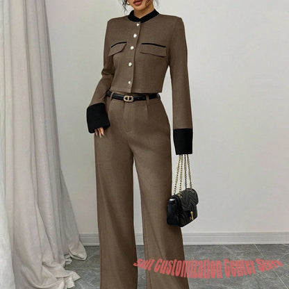 Grey Women's Suits Single Breasted Round Neck Blazer Pants Set with Gold Buttons Chic Daily Looks Modern Outerwears