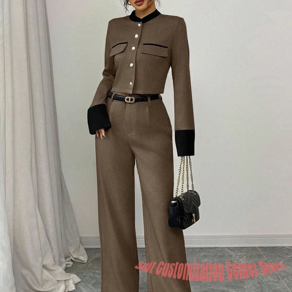 Grey Women's Suits Single Breasted Round Neck Blazer Pants Set with Gold Buttons Chic Daily Looks Modern Outerwears