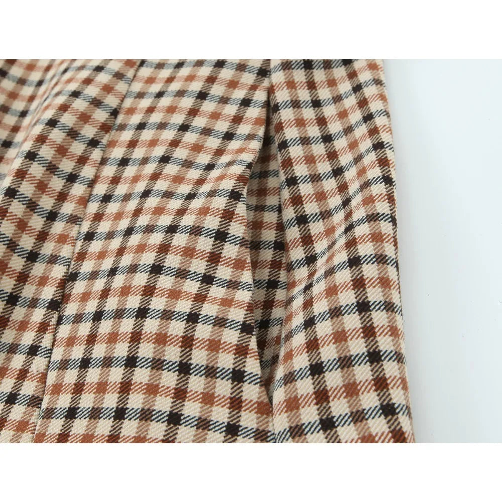 Stylish Plaid Pant Suits for Women New in Commuting Style Two Pieces Straight Plaid Blazer Matching Tonal Pleated Wide Leg Pants