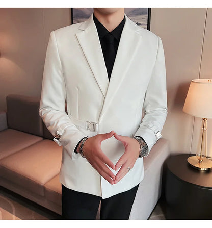 Men's Slim Fit Blazer Metal Buckle Decoration Smart Casual Wedding Party Jacket