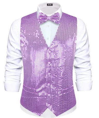 Men's Sequin Vest with Matching Bow Tie – Shiny Party Vest for Men