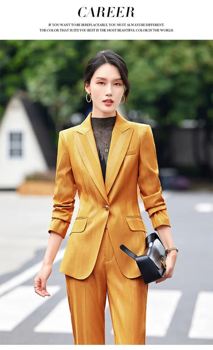Women Blazer Pants Sets Yellow Two Pieces 2024 Autumn Workwear Trousers Formal Striped Navy Blue Long Sleeve Tops Pantsuit