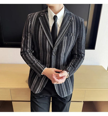 High Quality Plush Striped Fashion casual Suit Jacket Autumn Winter New Men Slim Fit Business Formal Social Prom Party Tuxedos