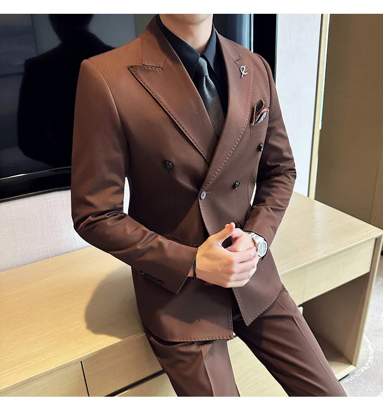 (Jackets +Pants ) Men's Suits 2 Piece High-Quality Double Breasted Lapel Solid Business Groom Wedding Tuxedo Banquet Clothing