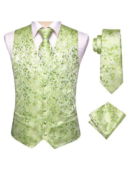 Men's Satin Jacquard Vest 3-Piece Set for Wedding & Banquet – Green