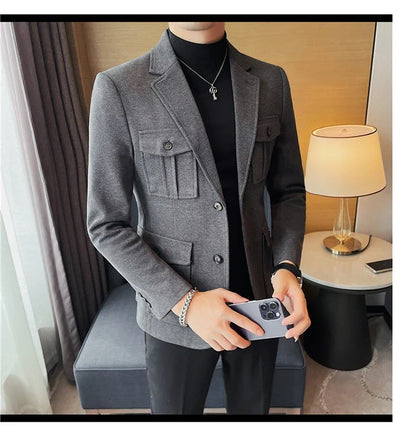 Winter Woolen Suit Jacket for Men Multiple Pockets Slim Fit Casual Business Blazers Masculino Wedding Streetwear Social Coats