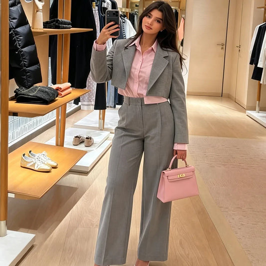 Stylish Women's Grey Cropped Suit Single Button Pants 2 Piece Set Elegant Office Business Matching Outfit Formal Evening Wear