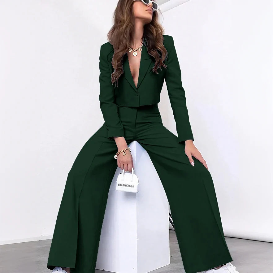Single-grain Buckle Women Suit Two Pieces(Short Jacket+Pants) Peaked Lapel Office Lady for Business Daily Shopping Set Custom